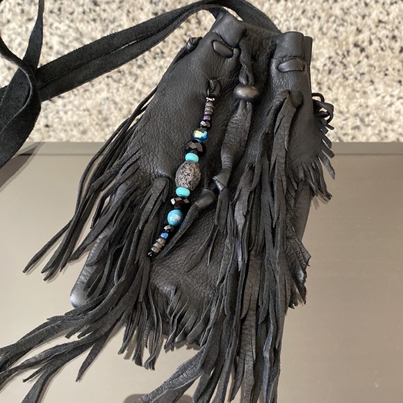 Handmade fringed beaded boho leather festival mini bag pouch - Picture 2 of 4